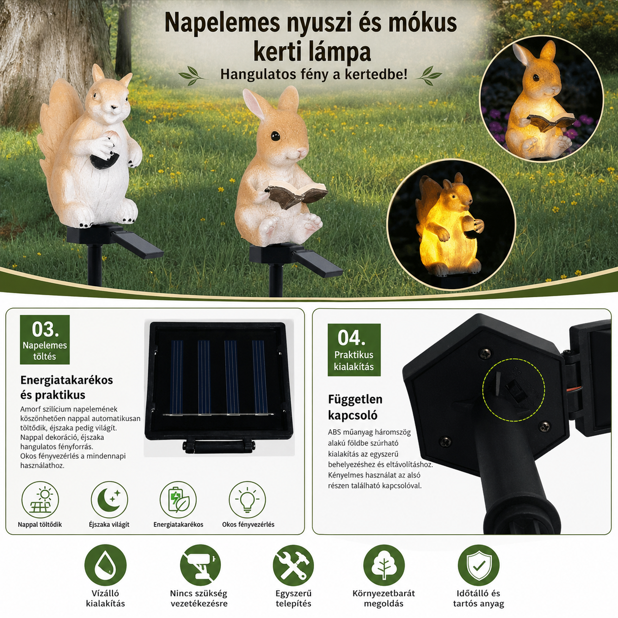 Vízálló, napelemes állatos lámpa – aranyos, talajba szúrható kültéri dekorációs fény, nyuszi vagy mókus