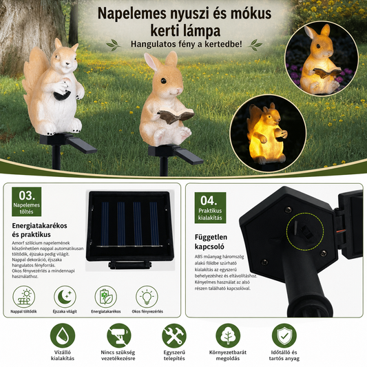 Vízálló, napelemes állatos lámpa – aranyos, talajba szúrható kültéri dekorációs fény, nyuszi vagy mókus